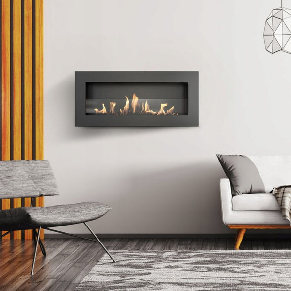DELTA SLIM Wall Mounted Bioethanol Fireplace with Glass – Black